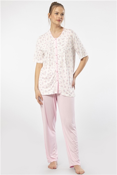 Türen 3370 Kadın Büyük Beden Kısa Kollu Pijama Takım-Pembe