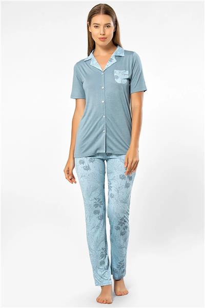 Türen 3376 Kadın Kısa Kollu Gömlek Pijama Takım-Mavi