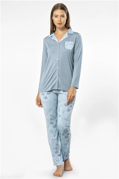 Türen 3377 Kadın Uzun Kollu Gömlek Pijama Takım-Mavi