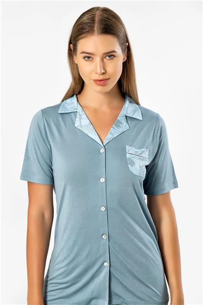 Türen 3377 Kadın Uzun Kollu Gömlek Pijama Takım-Mavi