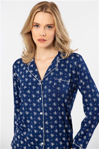 Türen 3379 Kadın Uzun Kollu Gömlek Pijama Takım-Lacivert