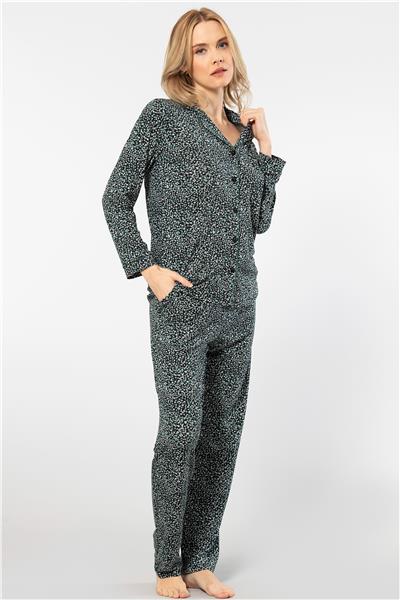 Türen 3379 Kadın Uzun Kollu Gömlek Pijama Takım-Yeşil