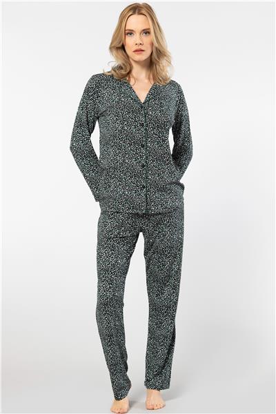Türen 3379 Kadın Uzun Kollu Gömlek Pijama Takım-Yeşil