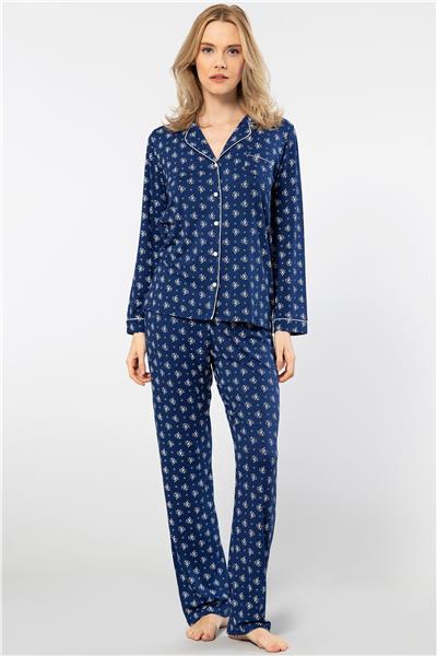 Türen 3379 Kadın Uzun Kollu Gömlek Pijama Takım-Lacivert