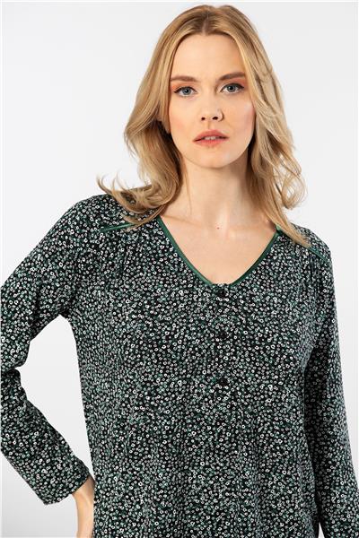 Türen 3382 Kadın Çiçekli Uzun Kollu Patlı Pijama Takımı-Yeşil
