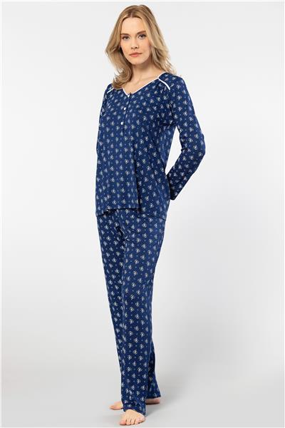 Türen 3382 Kadın Çiçekli Uzun Kollu Patlı Pijama Takımı-Lacivert