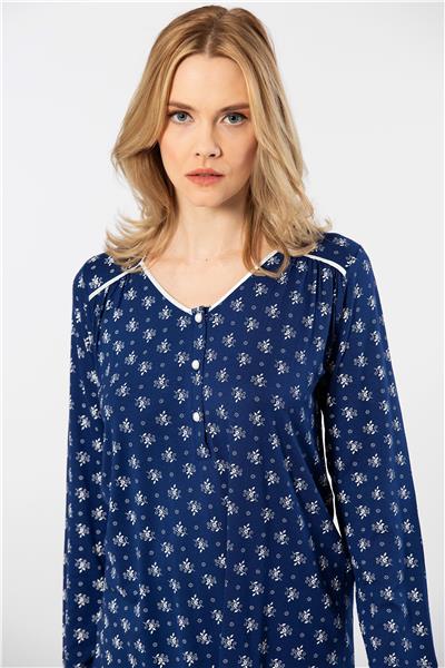Türen 3382 Kadın Çiçekli Uzun Kollu Patlı Pijama Takımı-Lacivert