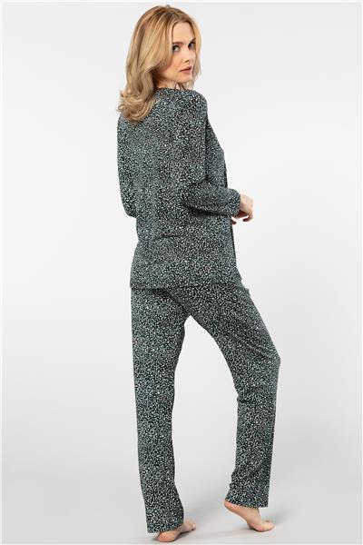 Türen 3382 Kadın Çiçekli Uzun Kollu Patlı Pijama Takımı-Yeşil