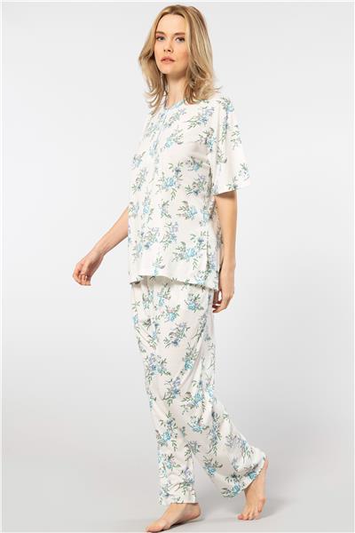 Türen 3387 Kadın Battal Çiçekli Patlı Kısa Kollu Pijama Takımı-Mavi