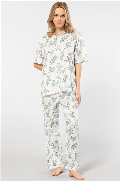 Türen 3387 Kadın Battal Çiçekli Patlı Kısa Kollu Pijama Takımı-Mavi