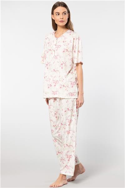 Türen 3387 Kadın Battal Çiçekli Patlı Kısa Kollu Pijama Takımı-Pembe 