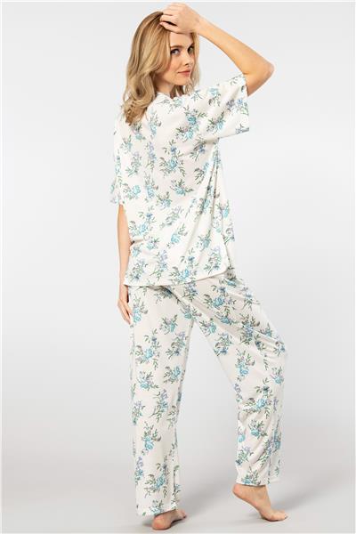 Türen 3387 Kadın Battal Çiçekli Patlı Kısa Kollu Pijama Takımı-Mavi