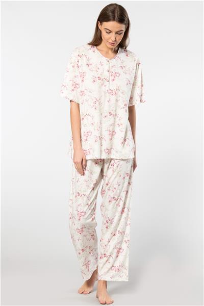 Türen 3387 Kadın Battal Çiçekli Patlı Kısa Kollu Pijama Takımı-Pembe 
