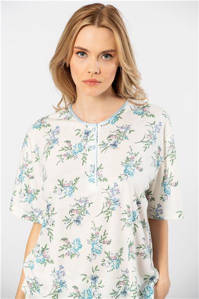 Türen 3387 Kadın Battal Çiçekli Patlı Kısa Kollu Pijama Takımı-Mavi