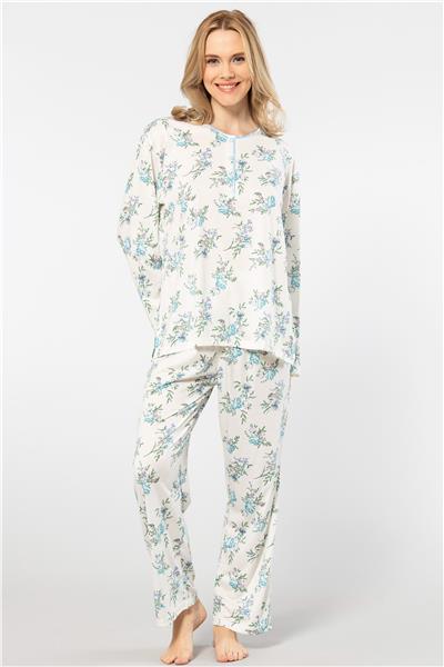 Türen 3388 Kadın Battal Çiçekli Patlı Uzun Kollu Pijama Takımı-Mavi