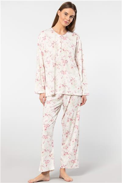 Türen 3388 Kadın Battal Çiçekli Patlı Uzun Kollu Pijama Takımı-Pembe 