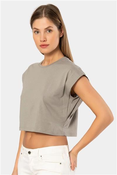 Türen 3402 Kadın Vatka Görünümlü Crop T-shirt-Gri