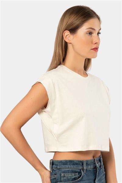 Türen 3402 Kadın Vatka Görünümlü Crop T-shirt-Krem