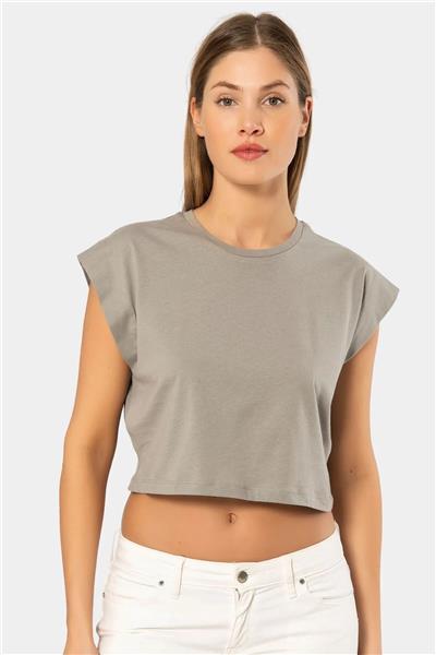 Türen 3402 Kadın Vatka Görünümlü Crop T-shirt-Gri