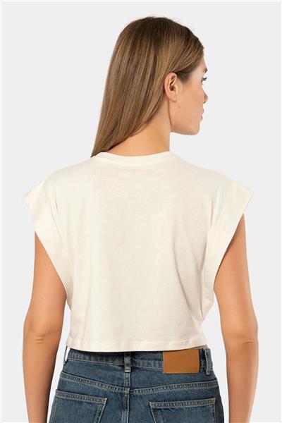 Türen 3402 Kadın Vatka Görünümlü Crop T-shirt-Krem