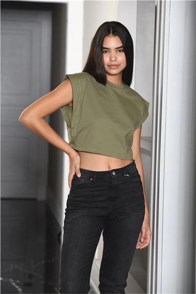 Türen 3402 Kadın Vatka Görünümlü Crop T-shirt-Hakı