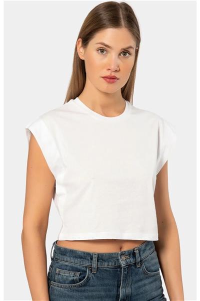 Türen 3402 Kadın Vatka Görünümlü Crop T-shirt-Beyaz