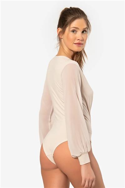 Türen 3501 Kadın Kruvaze Yaka Uzun Şifon Kollu Çıtçıtlı Body-Bej