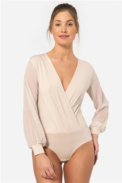 Türen 3501 Kadın Kruvaze Yaka Uzun Şifon Kollu Çıtçıtlı Body-Bej