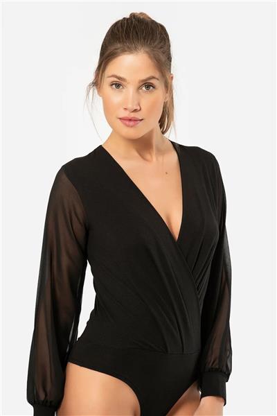 Türen 3501 Kadın Kruvaze Yaka Uzun Şifon Kollu Çıtçıtlı Body-Siyah