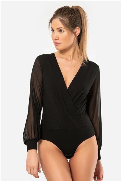 Türen 3501 Kadın Kruvaze Yaka Uzun Şifon Kollu Çıtçıtlı Body-Siyah