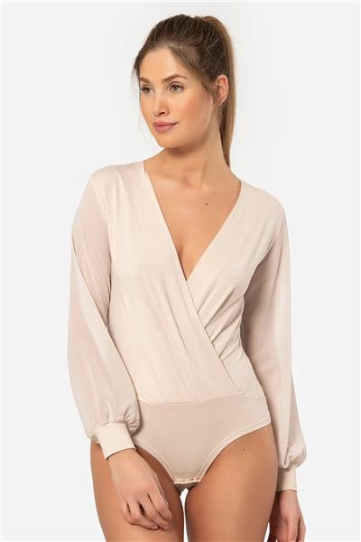 Türen 3501 Kadın Kruvaze Yaka Uzun Şifon Kollu Çıtçıtlı Body-Bej