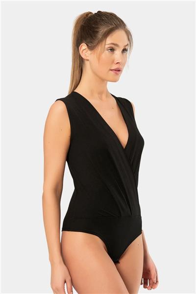 Türen 3502 Kadın Kruvaze Yaka Kalın Askılı Çıtçıtlı Body-Siyah