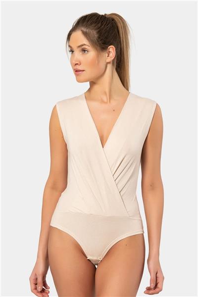 Türen 3502 Kadın Kruvaze Yaka Kalın Askılı Çıtçıtlı Body-Bej