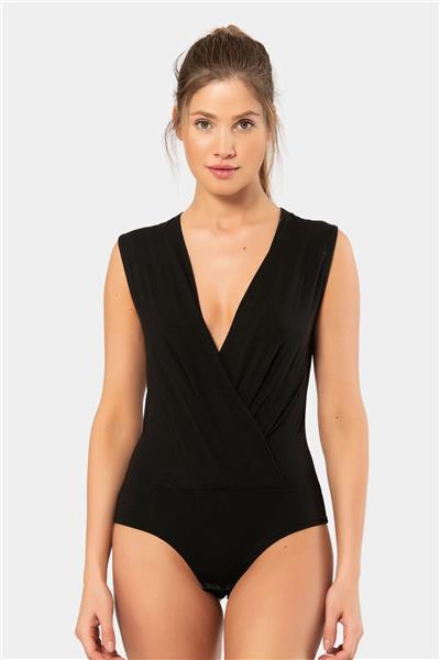 Türen 3502 Kadın Kruvaze Yaka Kalın Askılı Çıtçıtlı Body-Siyah