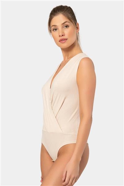 Türen 3502 Kadın Kruvaze Yaka Kalın Askılı Çıtçıtlı Body-Bej