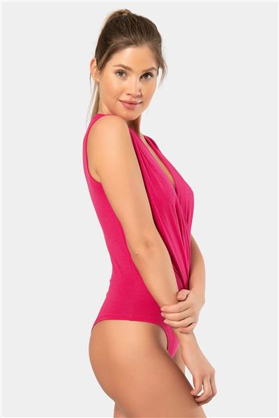 Türen 3502 Kadın Kruvaze Yaka Kalın Askılı Çıtçıtlı Body-Fuşya