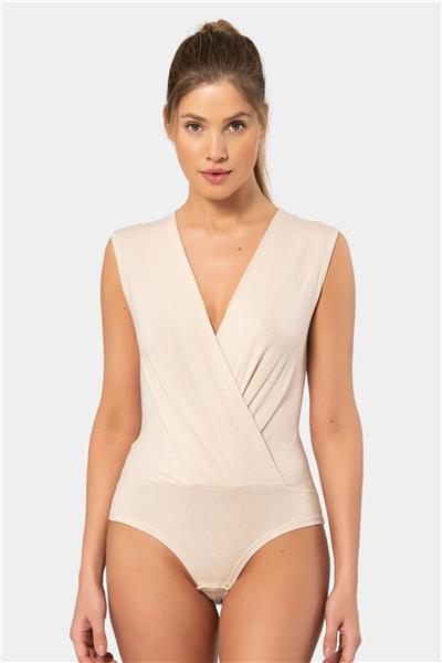 Türen 3502 Kadın Kruvaze Yaka Kalın Askılı Çıtçıtlı Body-Bej
