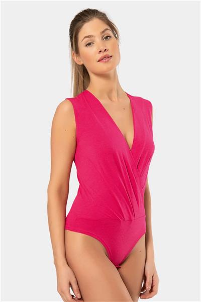 Türen 3502 Kadın Kruvaze Yaka Kalın Askılı Çıtçıtlı Body-Fuşya