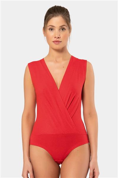 Türen 3502 Kadın Kruvaze Yaka Kalın Askılı Çıtçıtlı Body-Kırmızı