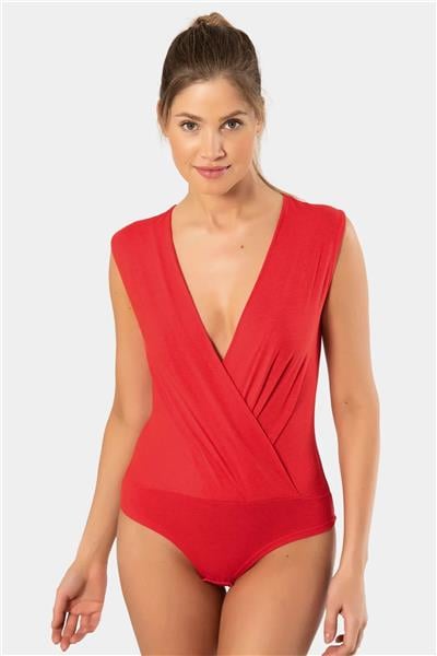 Türen 3502 Kadın Kruvaze Yaka Kalın Askılı Çıtçıtlı Body-Kırmızı