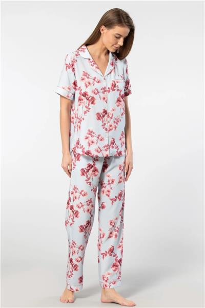 Türen 3604 Kadın Kısa Kollu Dokuma Gömlek Pijama Takımı-Mavi