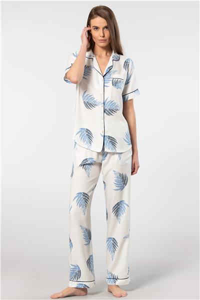 Türen 3604 Kadın Kısa Kollu Dokuma Gömlek Pijama Takım-Ekru
