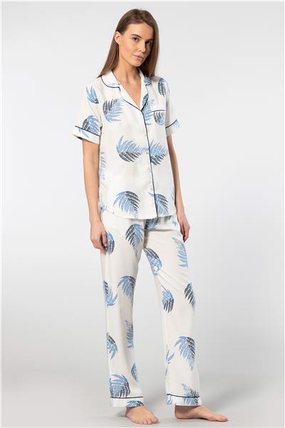 Türen 3604 Kadın Kısa Kollu Dokuma Gömlek Pijama Takım-Ekru