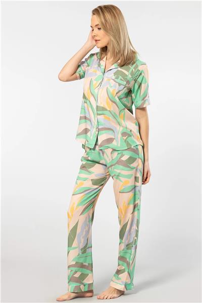 Türen 3604 Kadın Kısa Kollu Dokuma Gömlek Pijama Takım-Yeşil