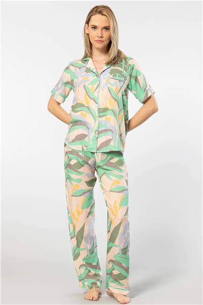 Türen 3604 Kadın Kısa Kollu Dokuma Gömlek Pijama Takım-Yeşil