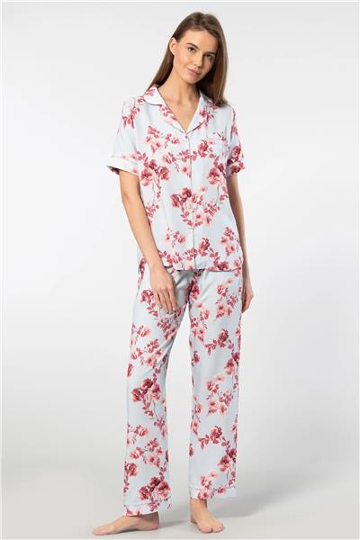 Türen 3604 Kadın Kısa Kollu Dokuma Gömlek Pijama Takımı-Mavi