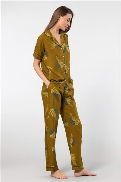 Türen 3604 Kadın Kısa Kollu Dokuma Gömlek Pijama Takım-Haki