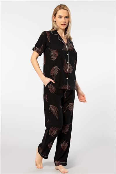 Türen 3604 Kadın Kısa Kollu Dokuma Gömlek Pijama Takım-Siyah