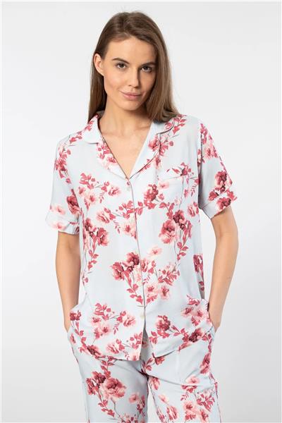 Türen 3604 Kadın Kısa Kollu Dokuma Gömlek Pijama Takımı-Mavi
