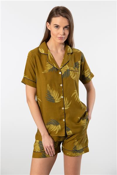 Türen 3605 Kadın Kısa Kollu Şortlu Gömlek Pijama Takım-Haki